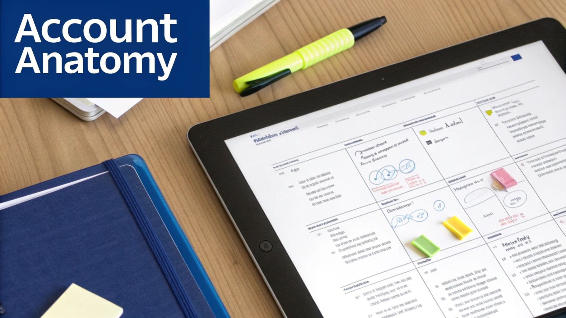 Tablet displaying a sales account planning template on a wooden desk with a notebook and highlighter.