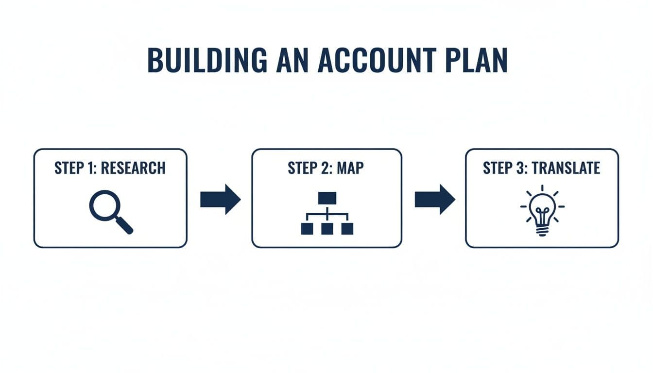 A three-step diagram outlining the process of building an account plan: Research, Map, and Translate.