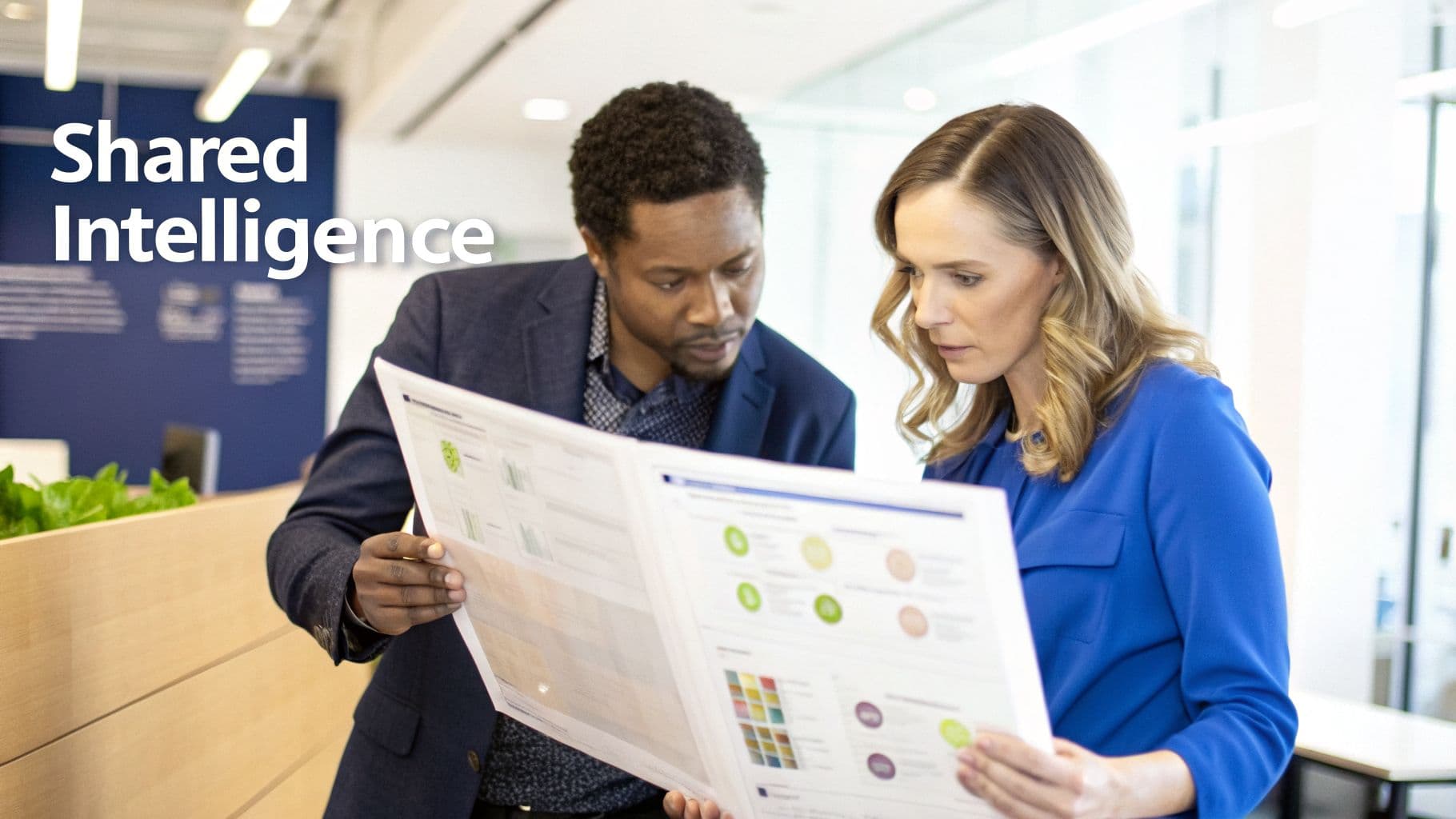 Two diverse colleagues analyze charts and data on a large report in a modern office.
