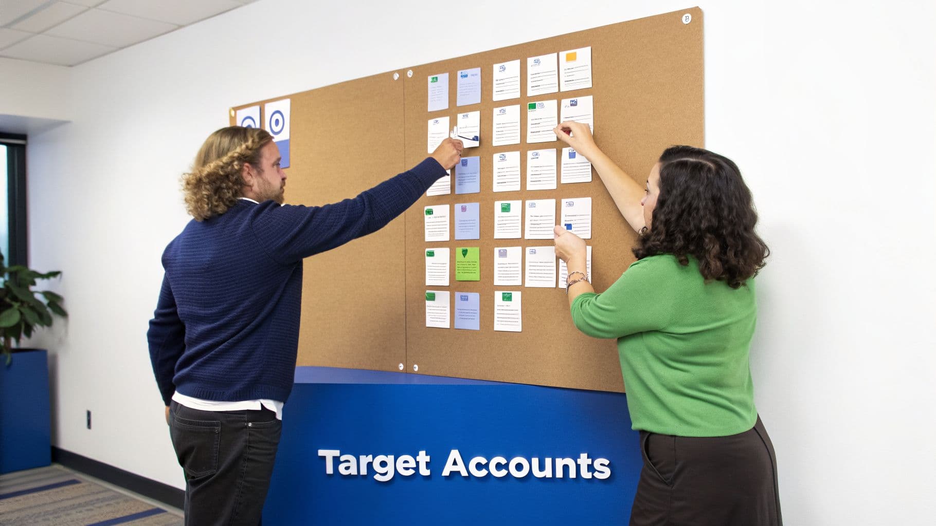 Man and woman collaborating, arranging colorful cards on a large cork board, working on target accounts.