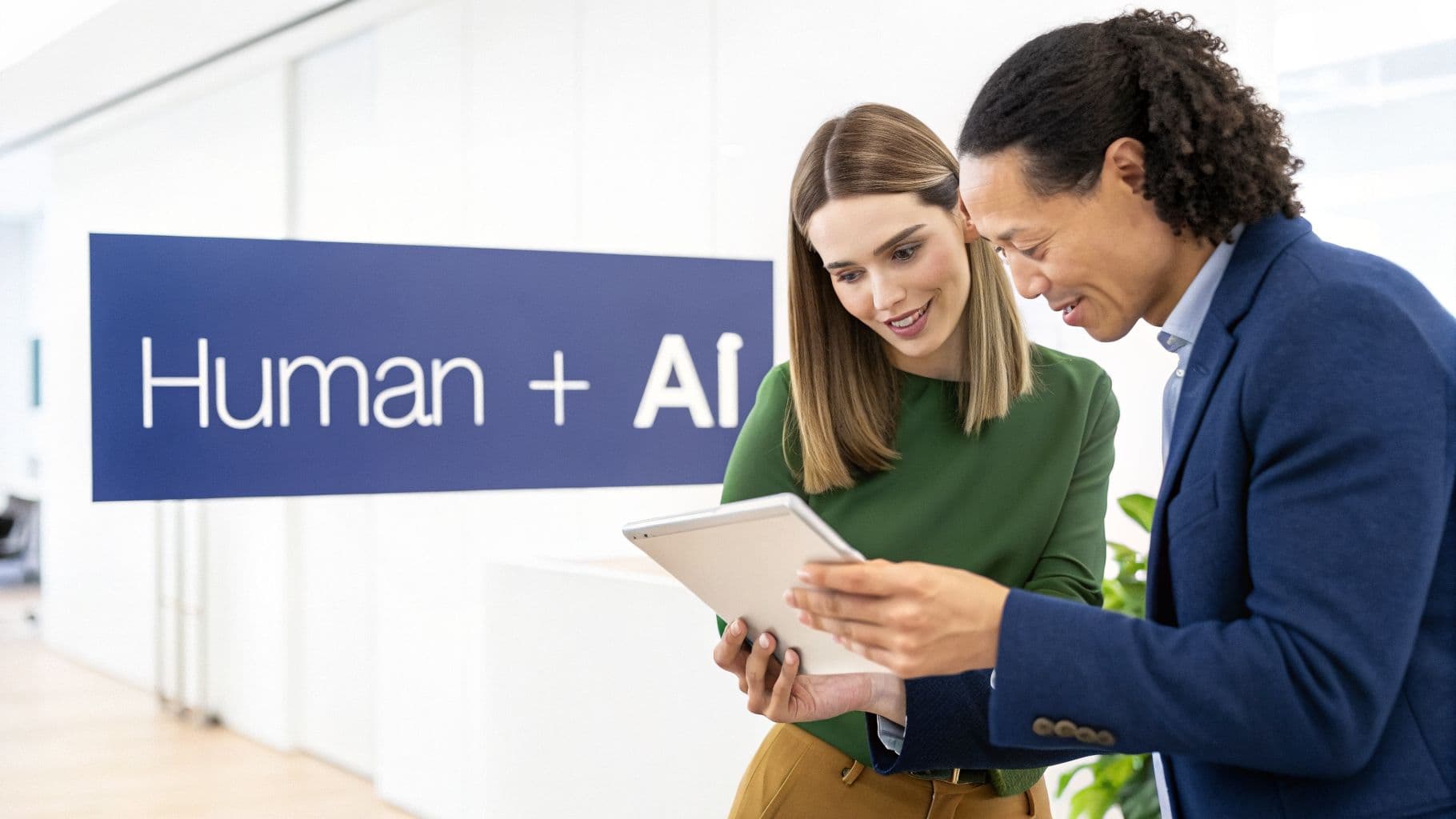 Two diverse professionals, a woman and a man, collaborating and looking at a tablet with 'Human + AI' sign.