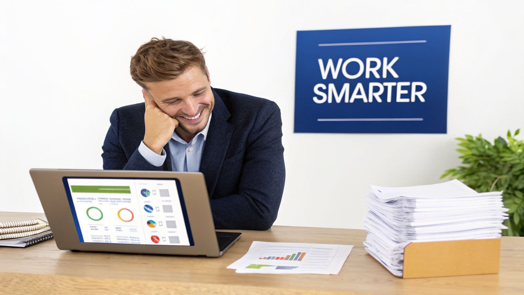 A smiling man uses a laptop displaying charts and graphs, working smarter in a modern office.