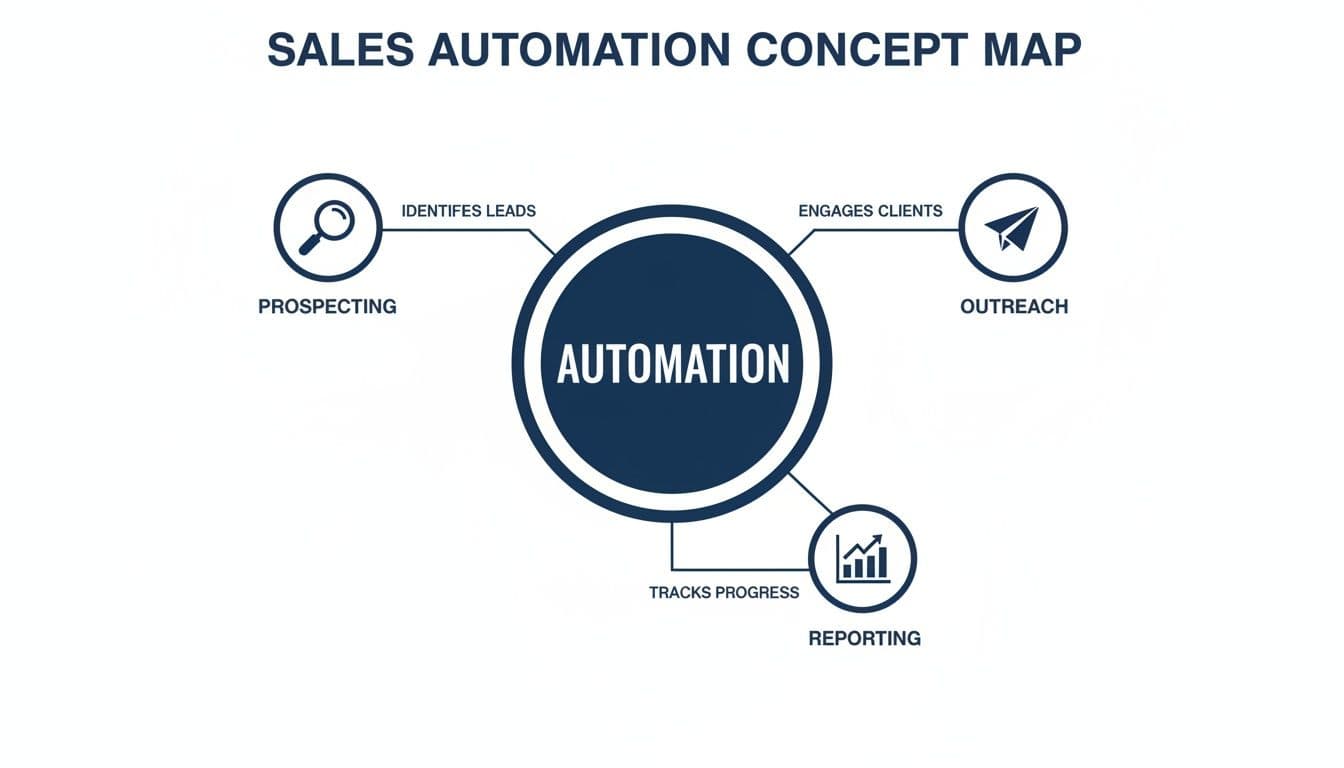 A sales automation concept map showing how automation streamlines prospecting, outreach, and reporting to track progress.