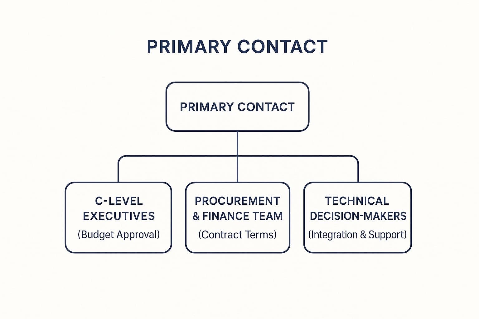 Infographic showing the hierarchy of stakeholder introductions, from the primary contact to C-level executives, procurement, and technical decision-makers.