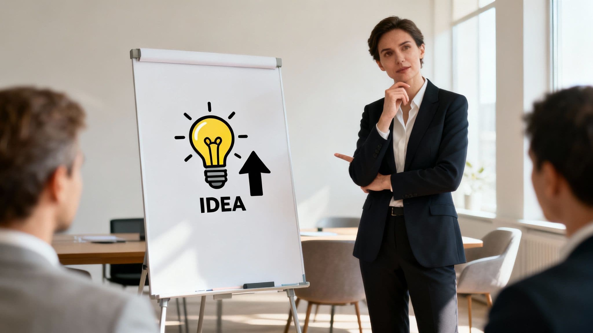 A businesswoman presents an 'IDEA' with a lightbulb and upward arrow on a whiteboard to colleagues.