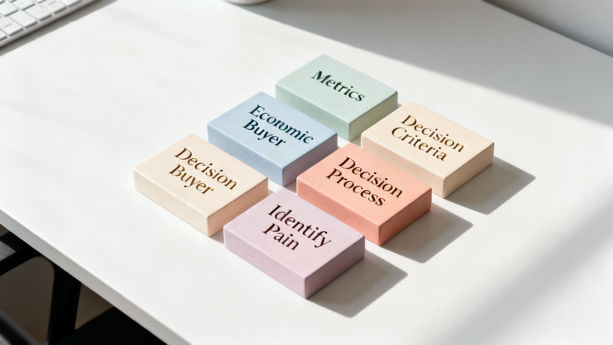 Colorful blocks illustrate sales coaching methods, including metrics, buyers, and decision process steps.