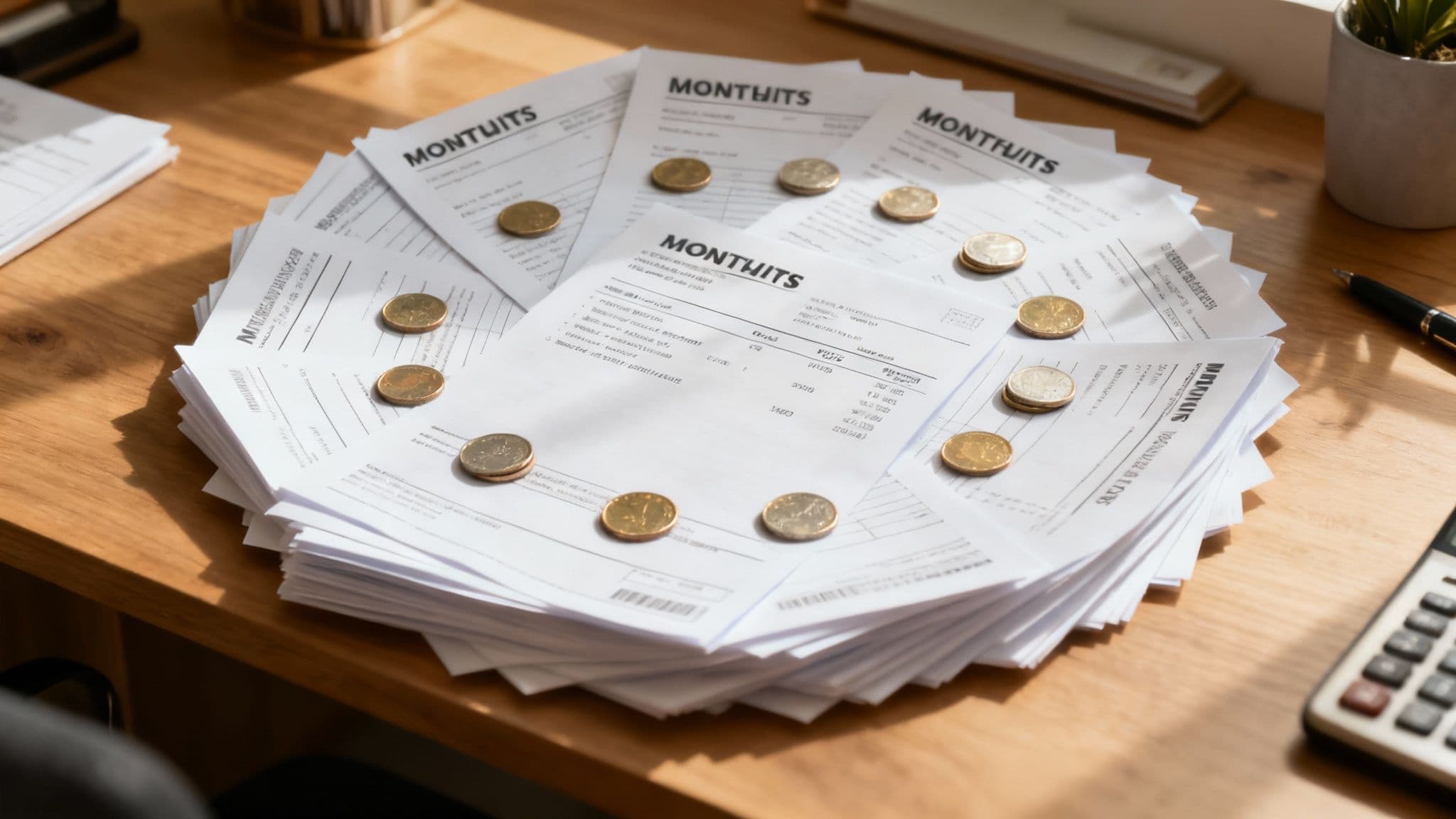 Stack of monthly payment documents with coins arranged on wooden desk beside calculator