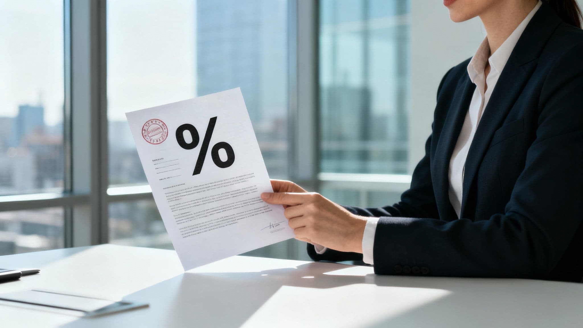 Professional businesswoman reviewing approved commission percentage document with stamp in modern office setting