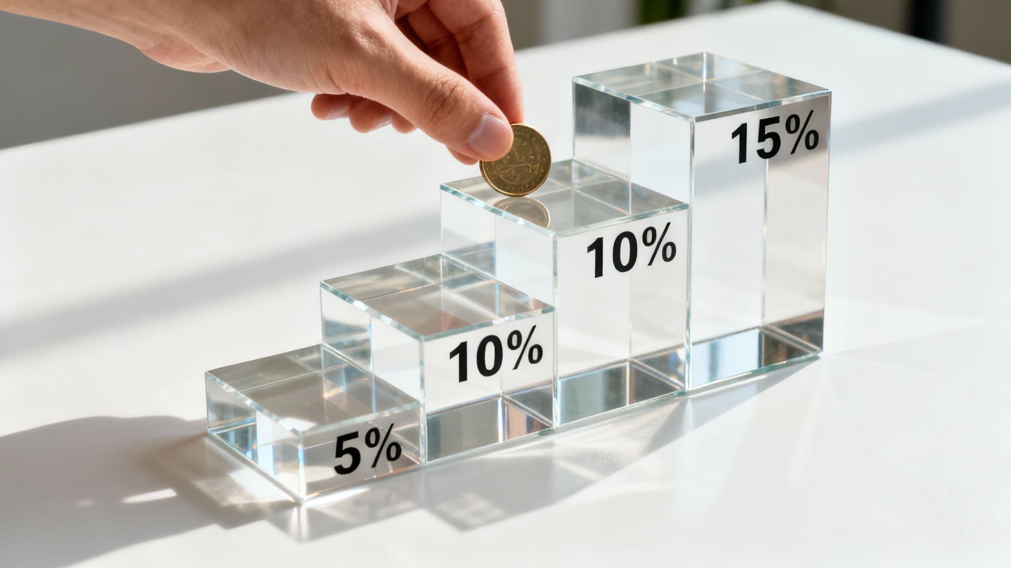 Hand depositing coin into clear acrylic boxes showing progressive commission rates from 5 to 15 percent