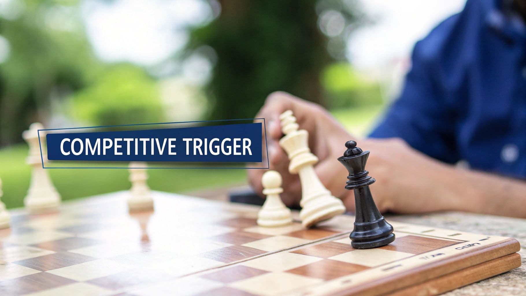 A person's hand moving a white chess piece on a chessboard, with a black queen in the foreground and text "COMPETITIVE TRIGGER".