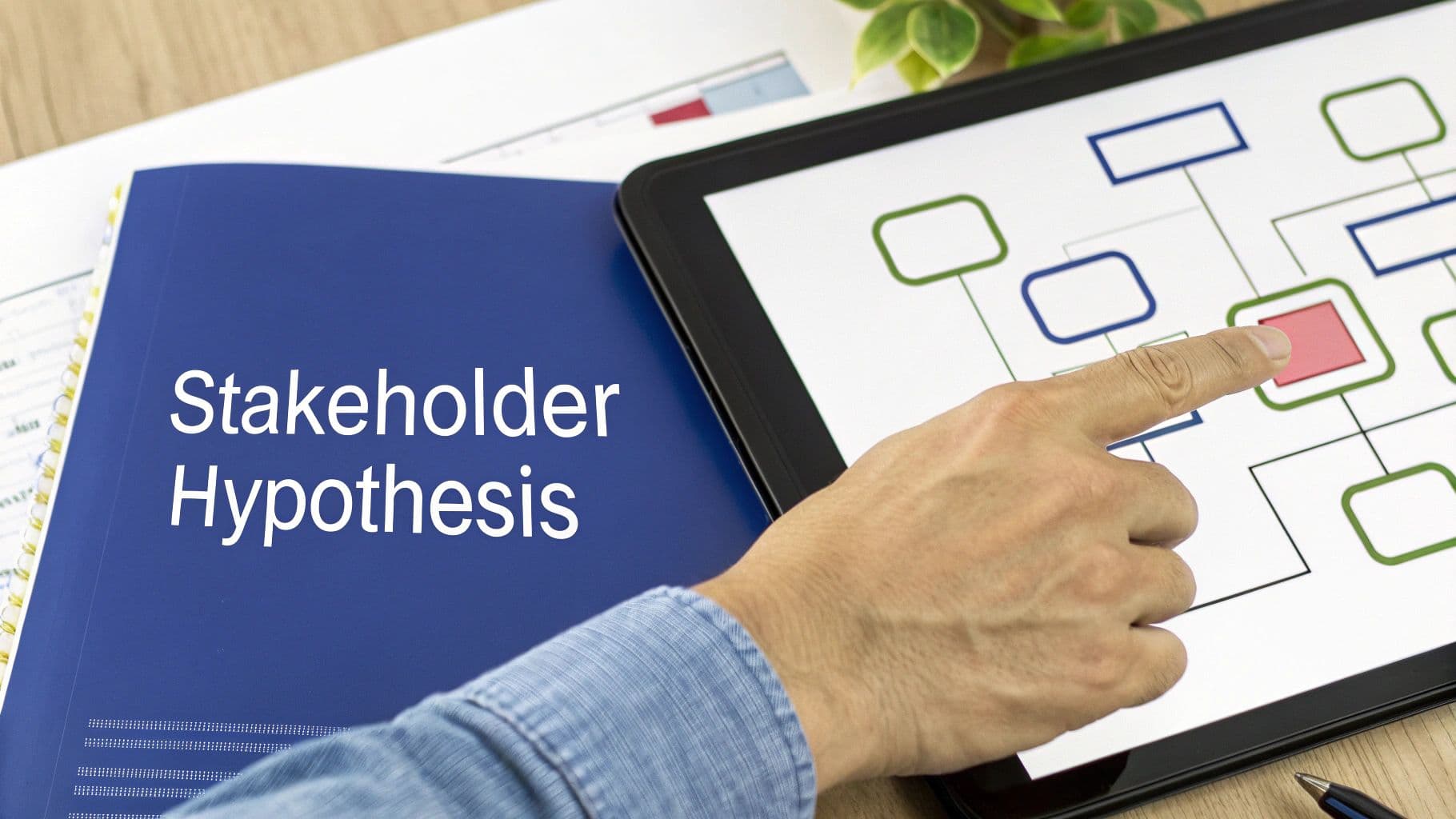 A hand points to a red box on a digital flow chart on a tablet, next to a "Stakeholder Hypothesis" folder.