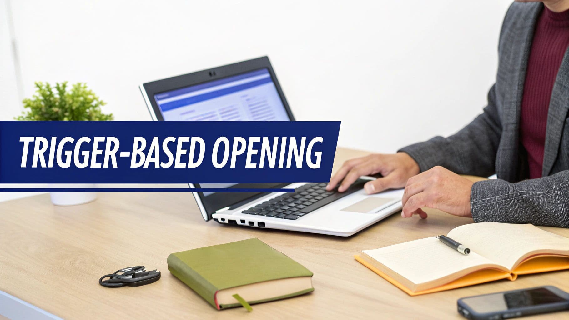 Person typing on a laptop at a desk, with a 'TRIGGER-BASED OPENING' text overlay and office supplies.