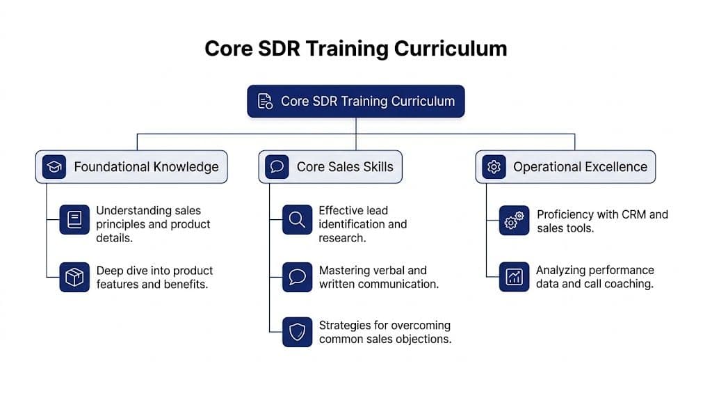 A diagram outlining the Core SDR Training Curriculum, categorized into Foundational Knowledge, Core Sales Skills, and Operational Excellence.