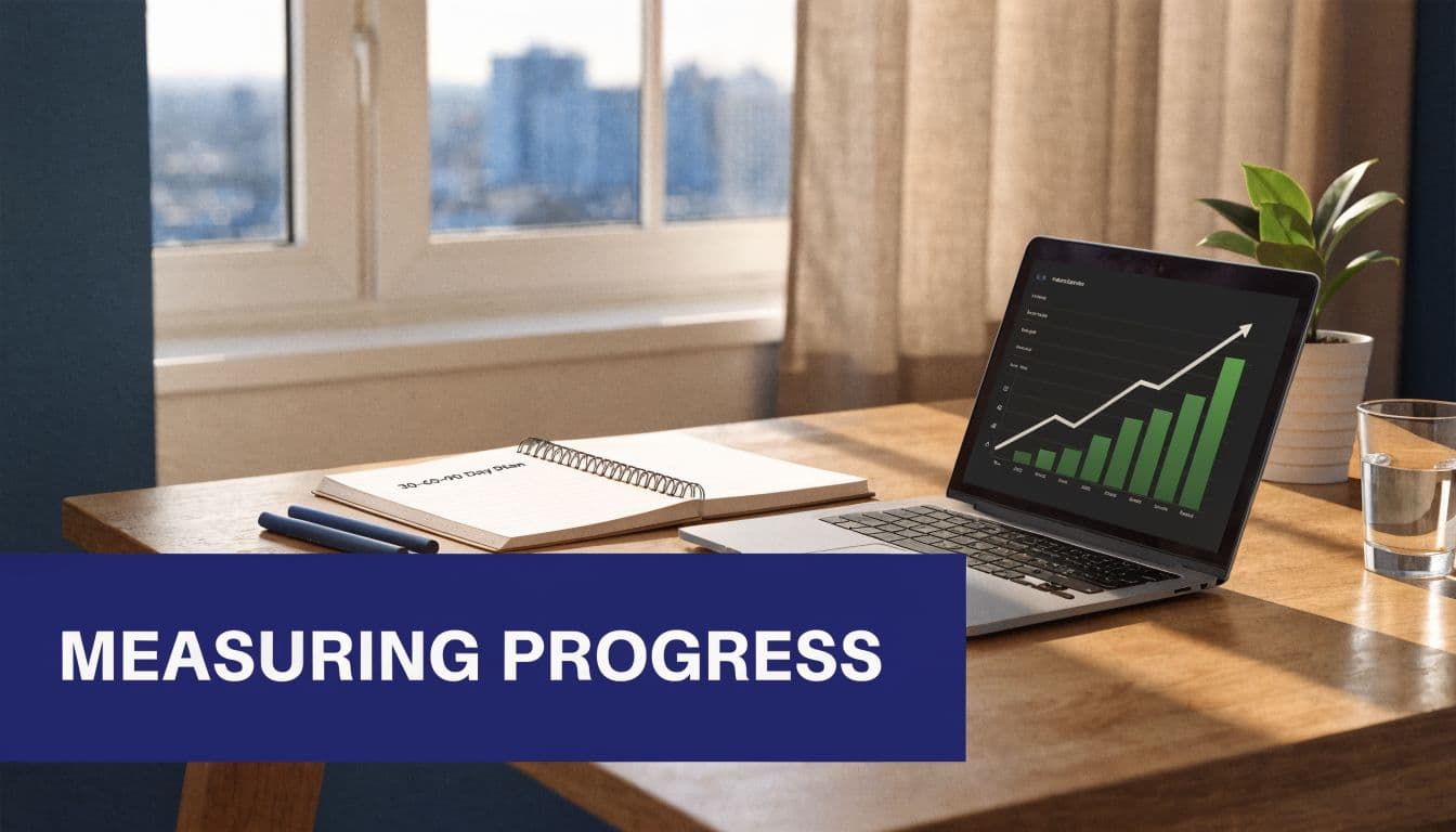 A modern workspace with a laptop displaying a rising sales growth chart and a daily planner notebook.