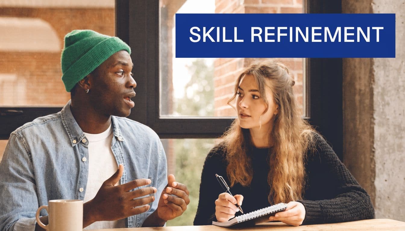 A young man and woman sitting at a table together while discussing work skills and training.