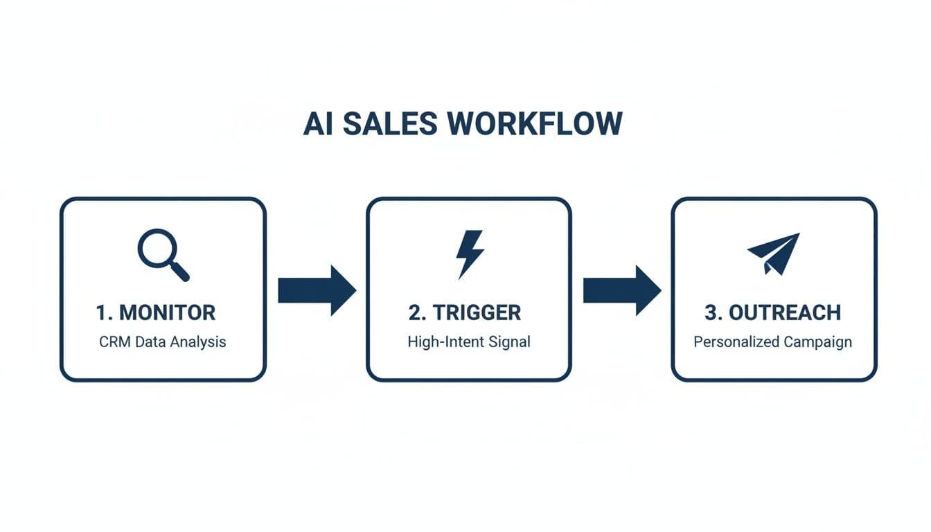 An AI sales workflow diagram illustrating three steps: monitor CRM data, trigger high-intent signals, and personalized outreach.