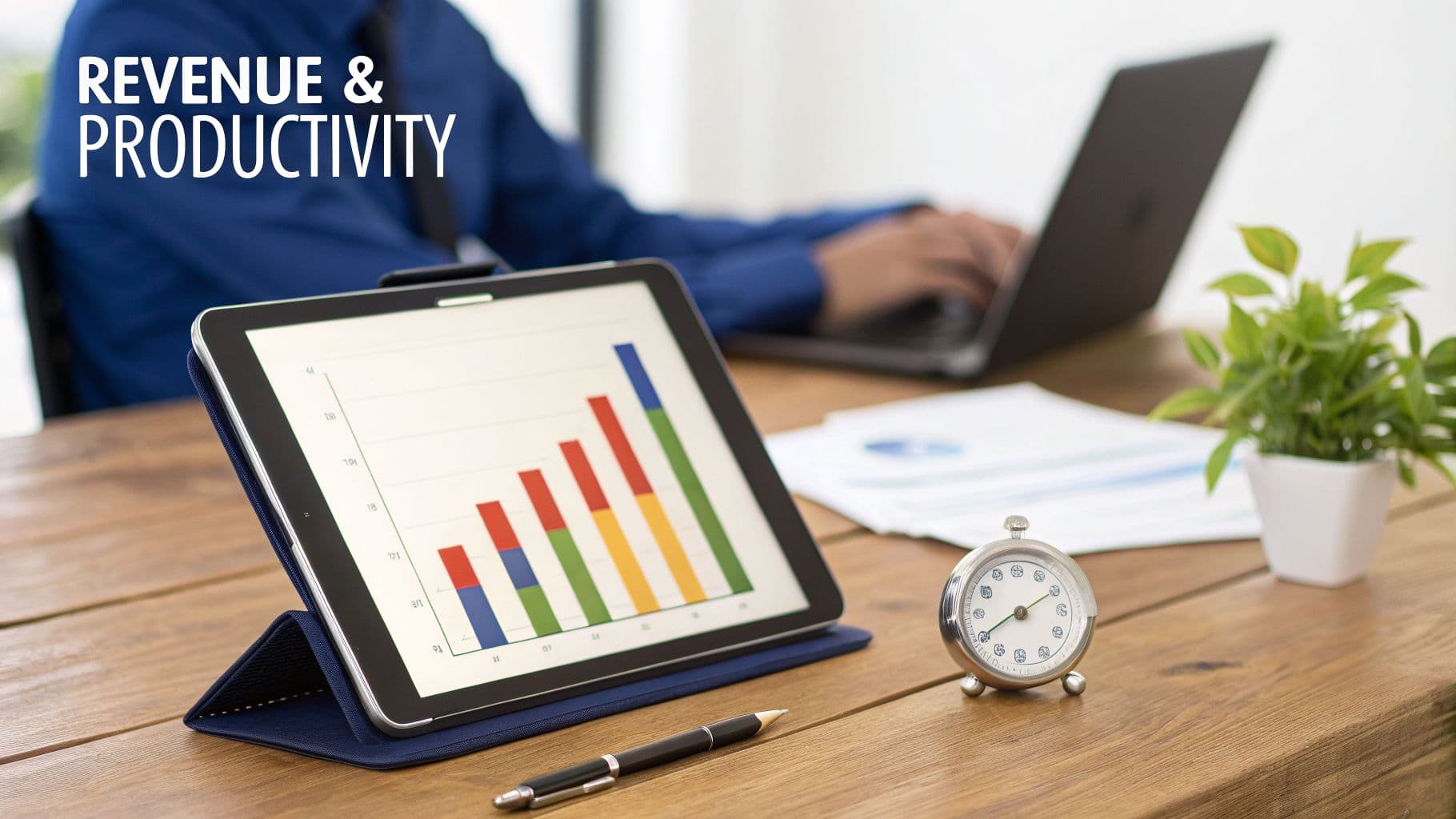 A business person works on a laptop with a tablet showing revenue and productivity graphs.