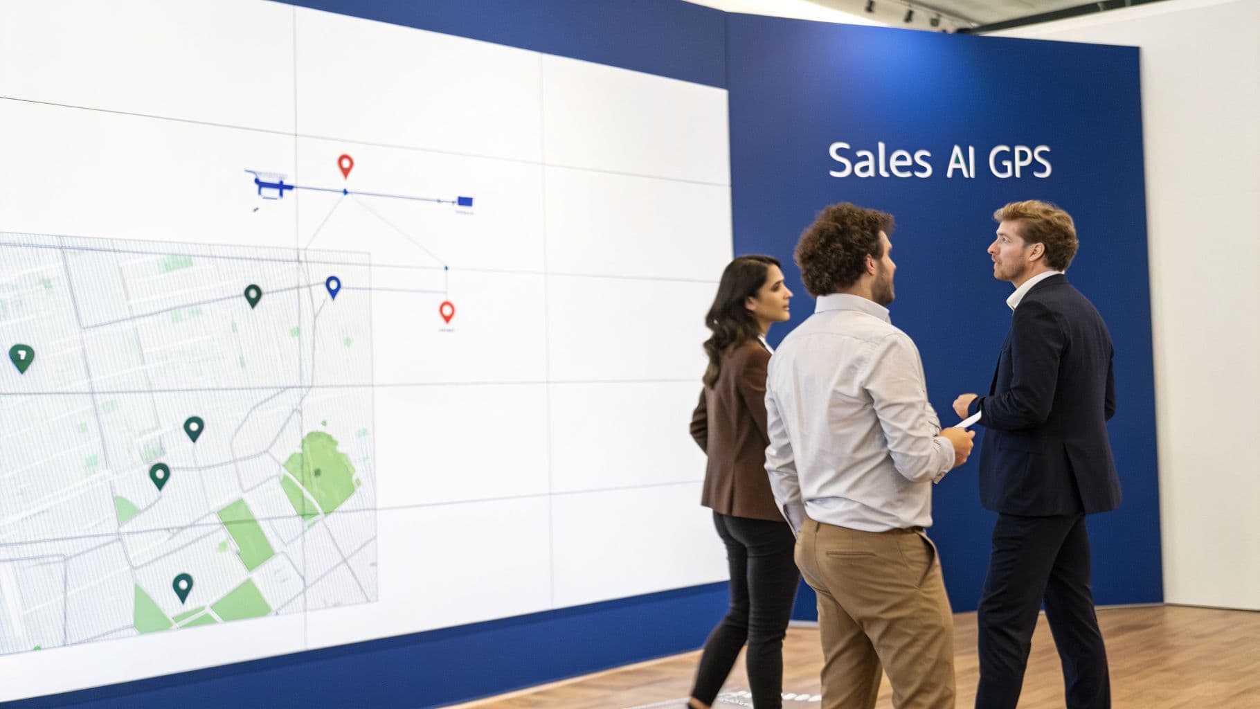 Three business professionals discuss in front of a large digital map display and a blue wall with 'Sales AI GPS'.