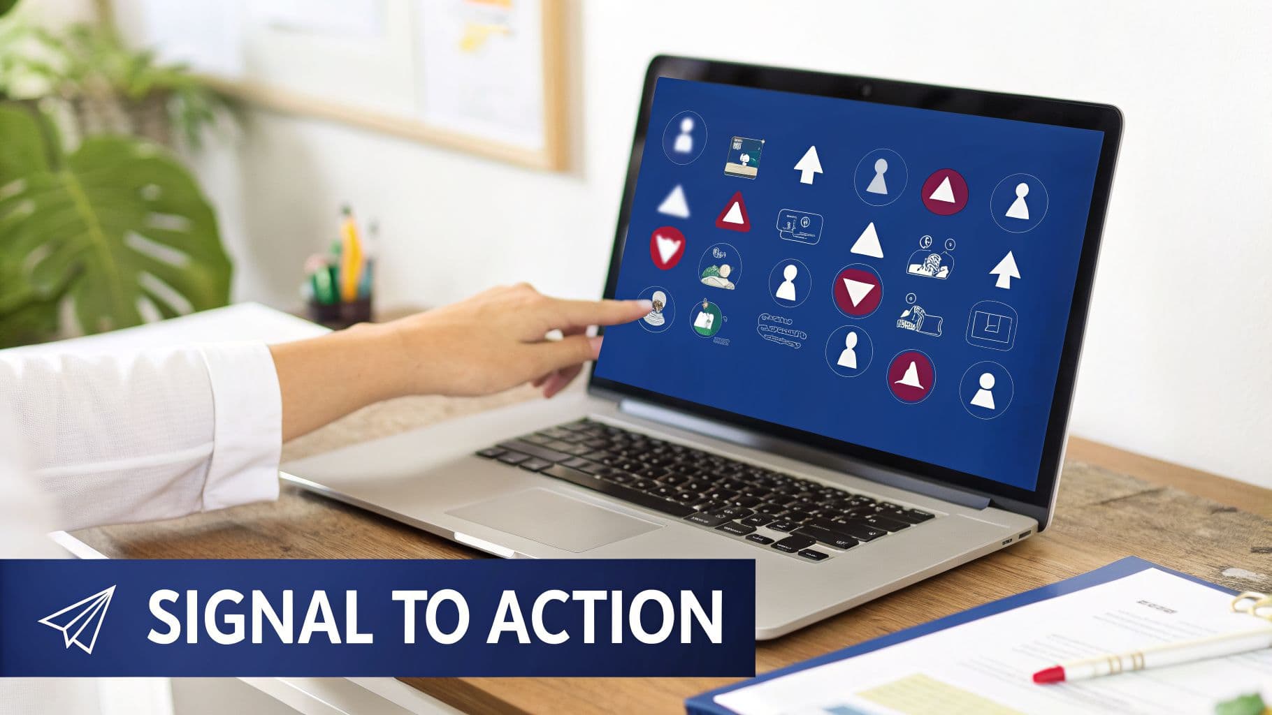 A hand interacts with a laptop screen displaying various business and warning icons.