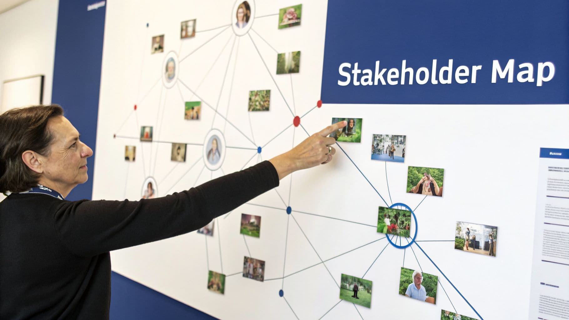 A woman points at a large 'Stakeholder Map' display with interconnected photos and nodes.