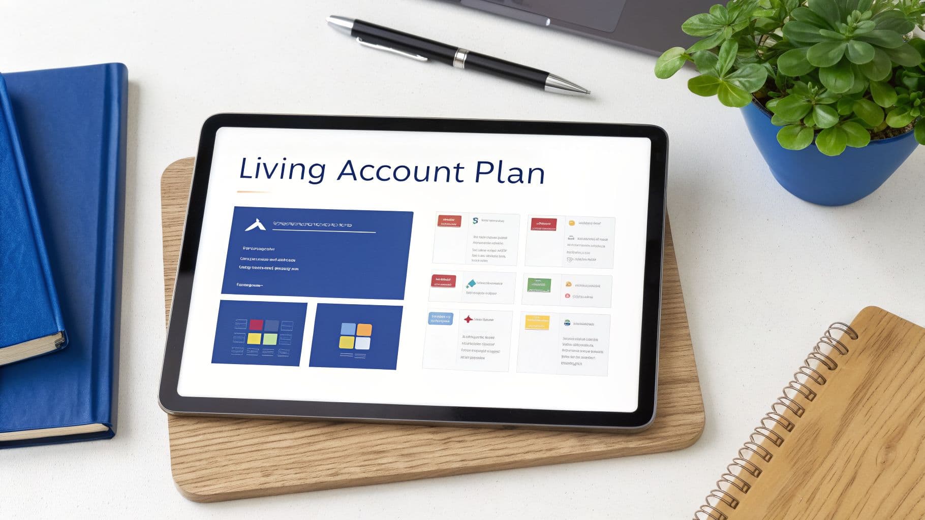 A tablet displays a 'Living Account Plan' presentation on a desk with notebooks, a pen, and a plant.