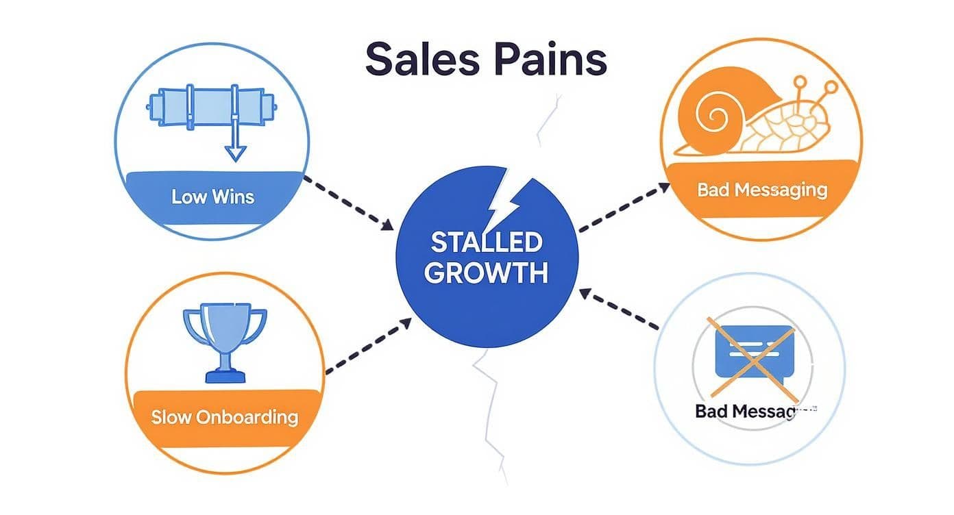 An infographic concept map showing how sales pains like low win rates, slow onboarding, and bad messaging all contribute to stalled growth.