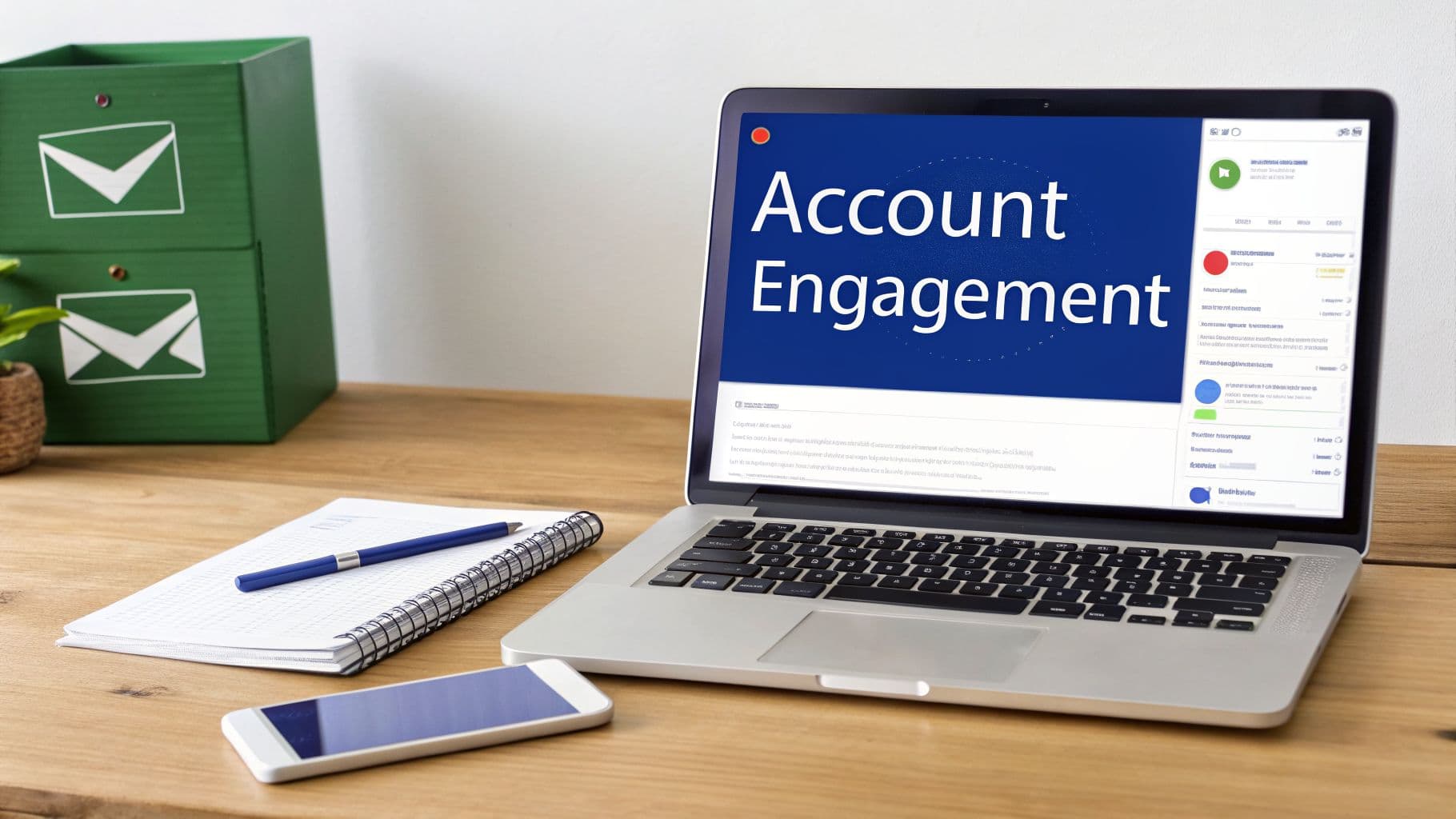 Laptop on a wooden desk displaying 'Account Engagement' software, alongside a notebook, pen, and smartphone, in an office setting.