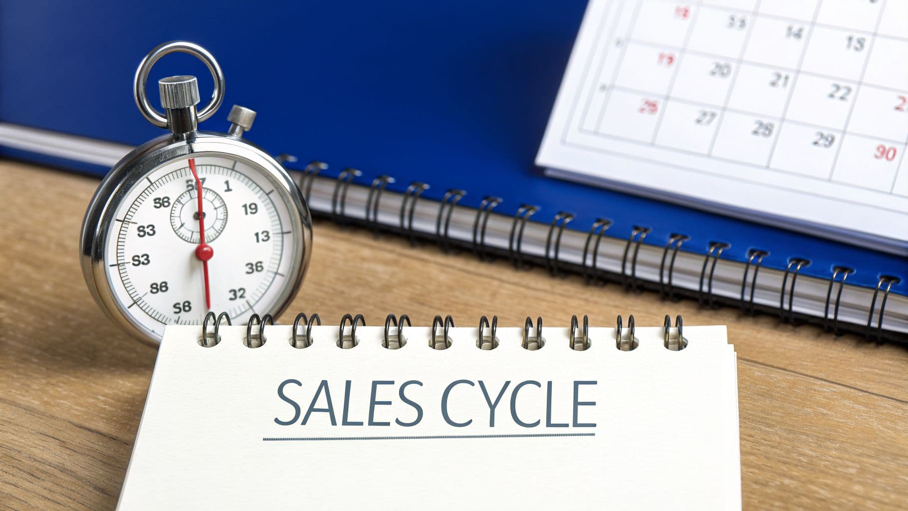 Close-up of a stopwatch, a calendar, and a notebook titled 'SALES CYCLE' on a desk.