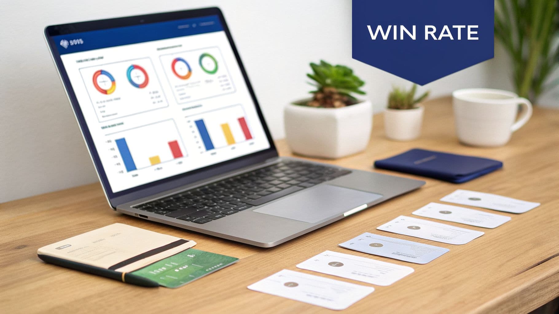 A laptop displaying sales metrics, charts, and graphs, with 'WIN RATE' highlighted, on a neat wooden desk.