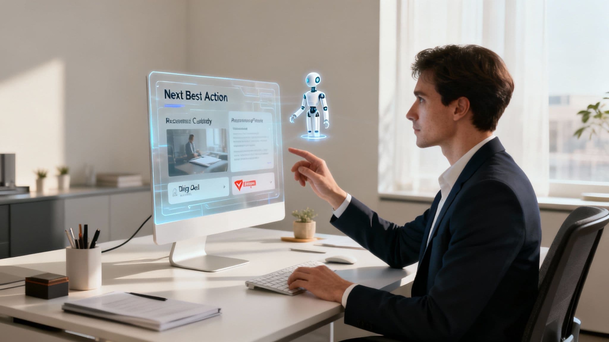 Man in an office interacts with a futuristic sales enablement platform and a holographic AI assistant.