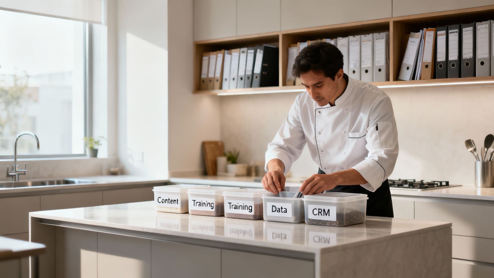 A professional organizes labeled containers for content, training, data, and CRM in a modern setting.