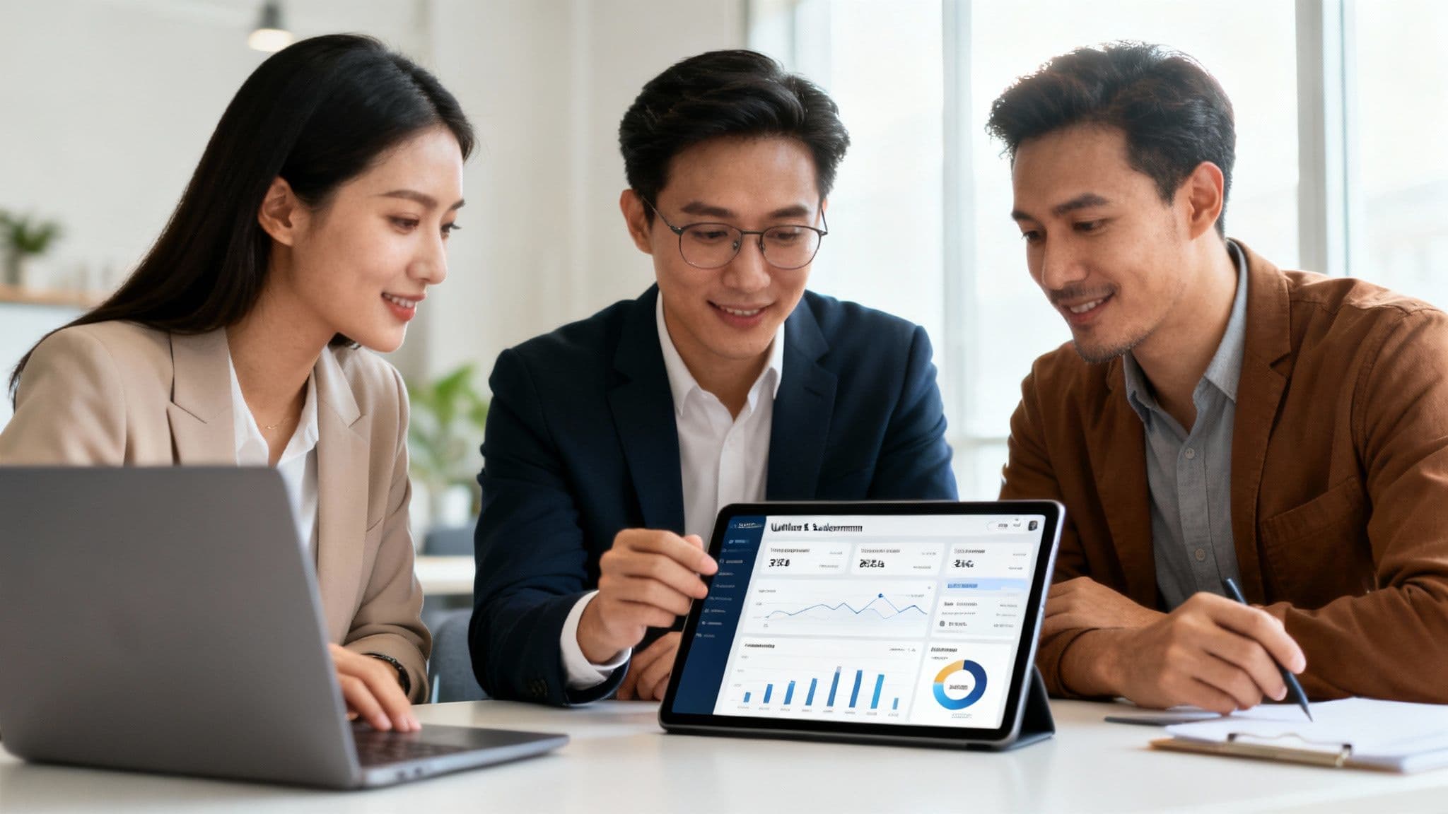 Three smiling business professionals collaborating in an office, reviewing sales data on a tablet.