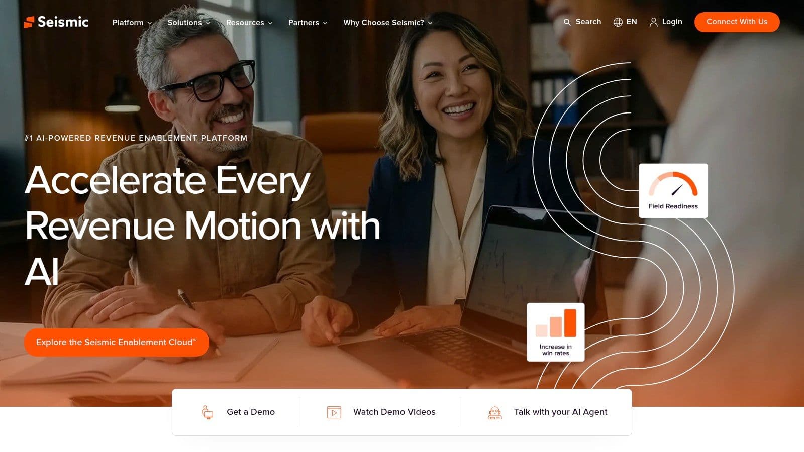 Seismic homepage: "Accelerate every revenue motion with AI"