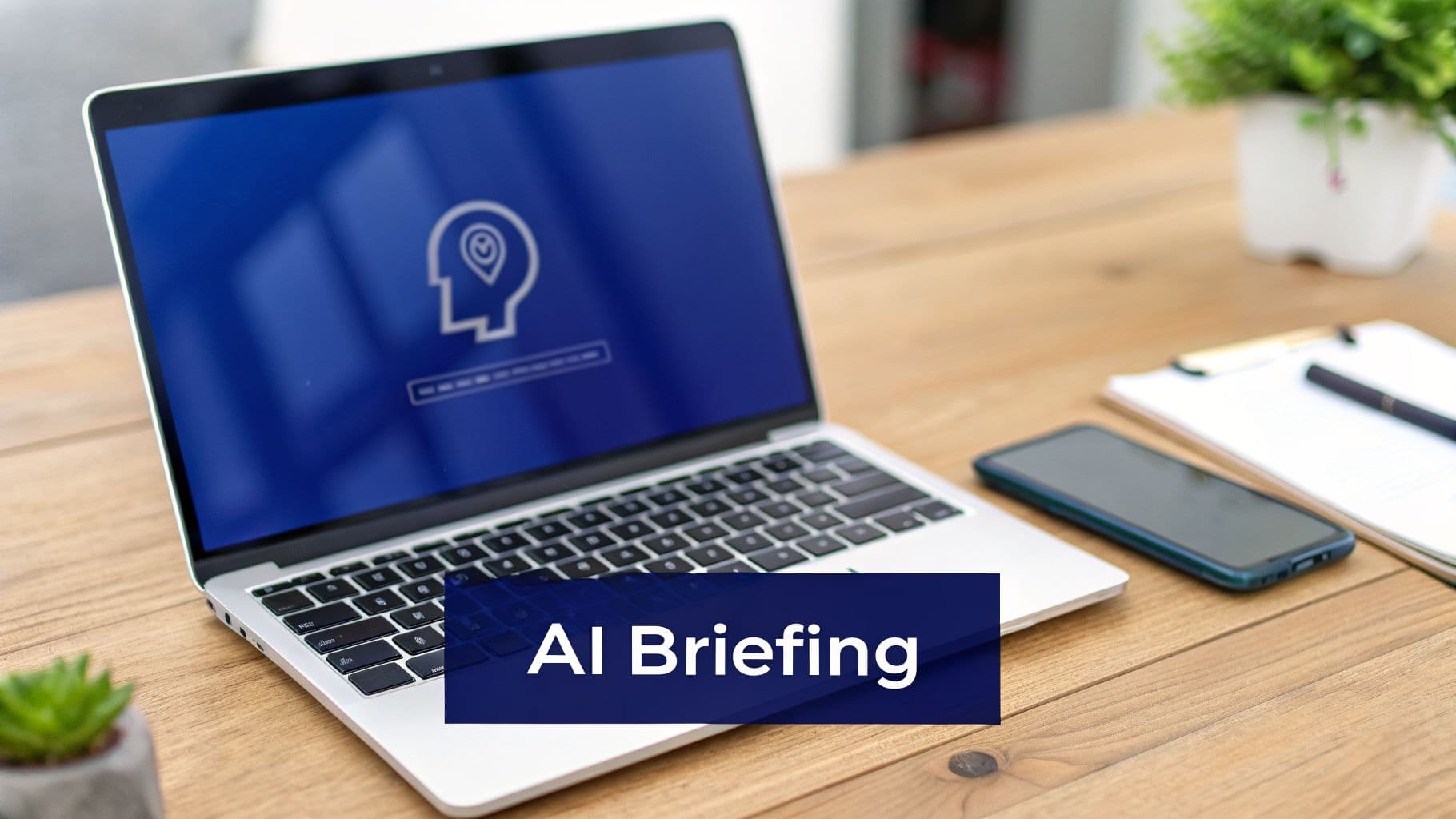 A laptop on a wooden desk displays an AI icon, alongside a smartphone, clipboard, and plants, with 'AI Briefing' overlay.