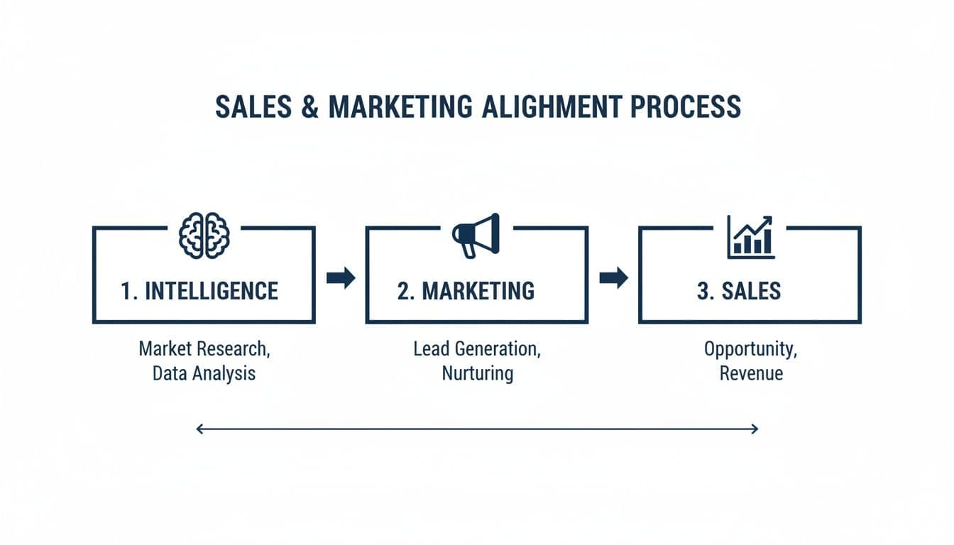 Diagram illustrating the sales and marketing alignment process through three steps: Intelligence, Marketing, and Sales.