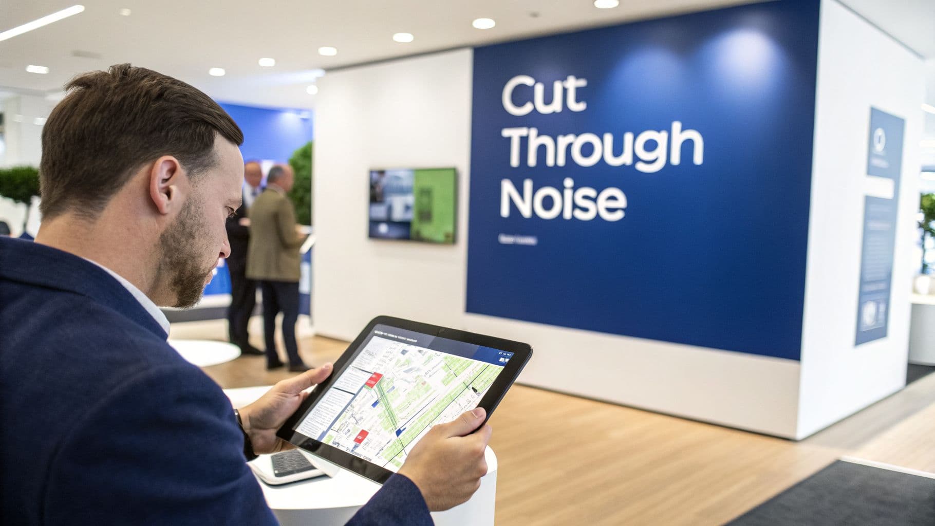 Man viewing a digital map on a tablet in an office with 'Cut Through Noise' wall.