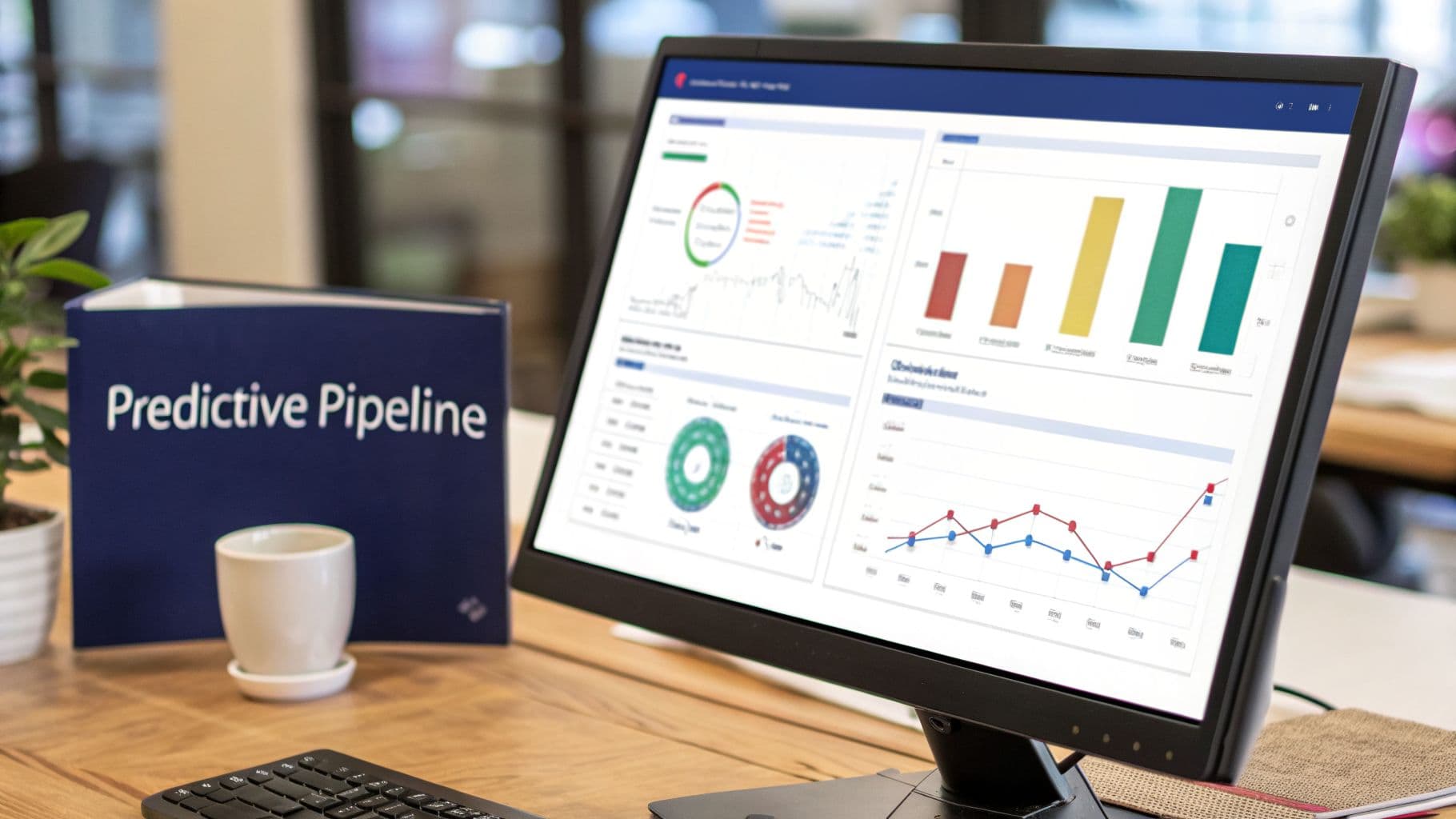 Business intelligence dashboards on a computer monitor with charts, graphs, and a 'Predictive Pipeline' binder.