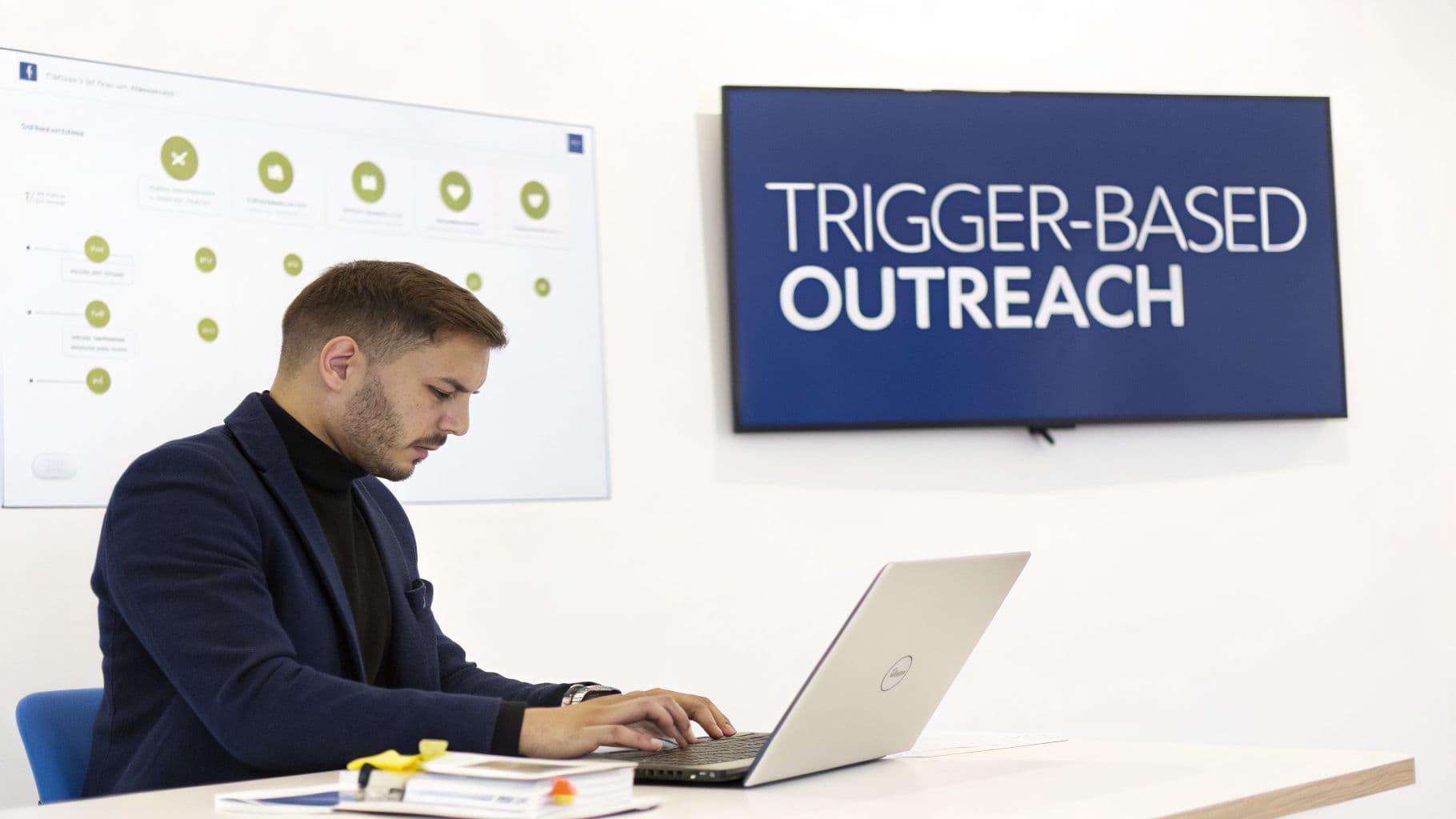 A man in a dark jacket works on a laptop in an office with screens displaying business terms.