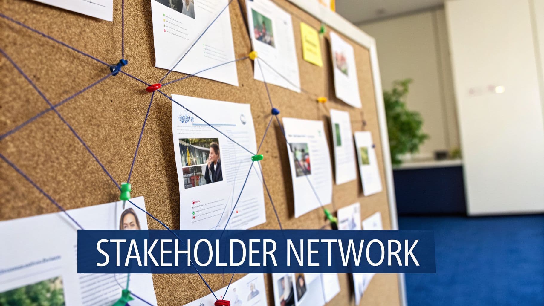 A corkboard displaying a stakeholder network with papers, pins, and connecting strings in an office setting.
