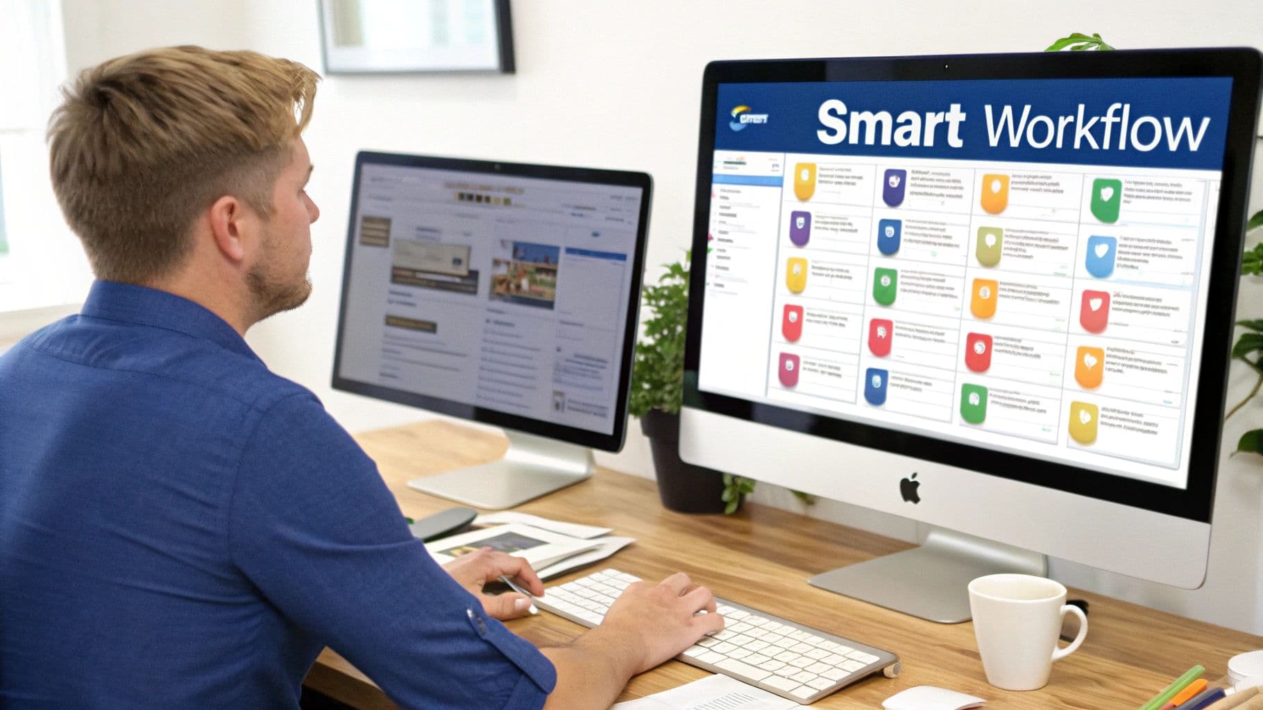 A man in a blue shirt works at a desk with two computer monitors, displaying a 'Smart Workflow' application.