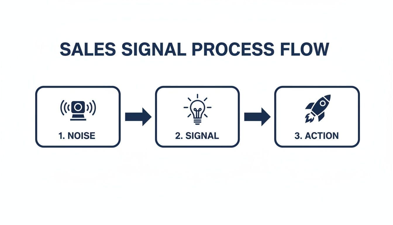 Diagram illustrating the sales signal process flow, moving from noise to signal and action.
