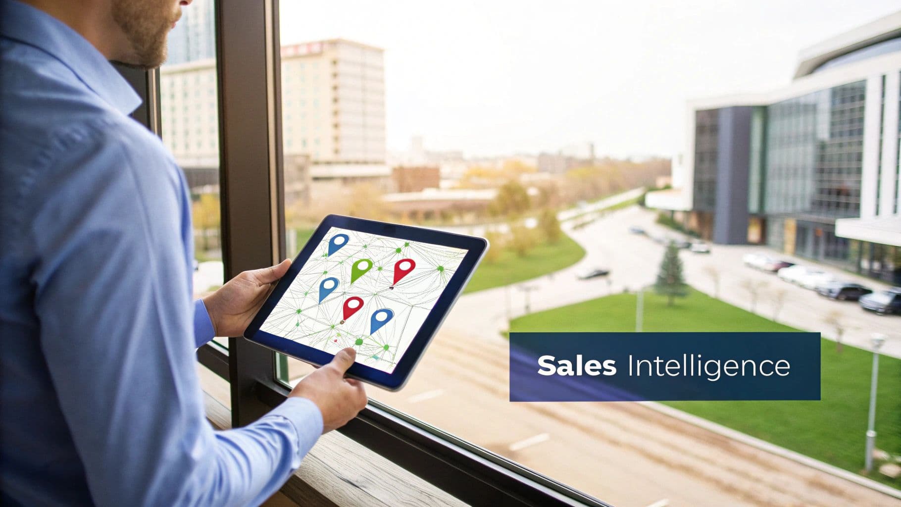 A man holds a tablet displaying a sales intelligence map with location pins, overlooking a modern city.