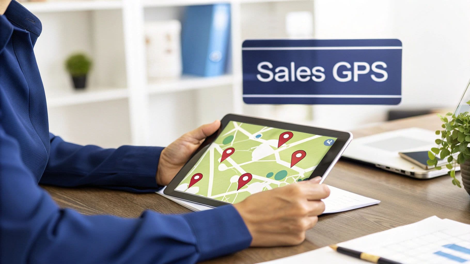 A person holds a tablet displaying a map with location pins, next to a 'Sales GPS' sign.