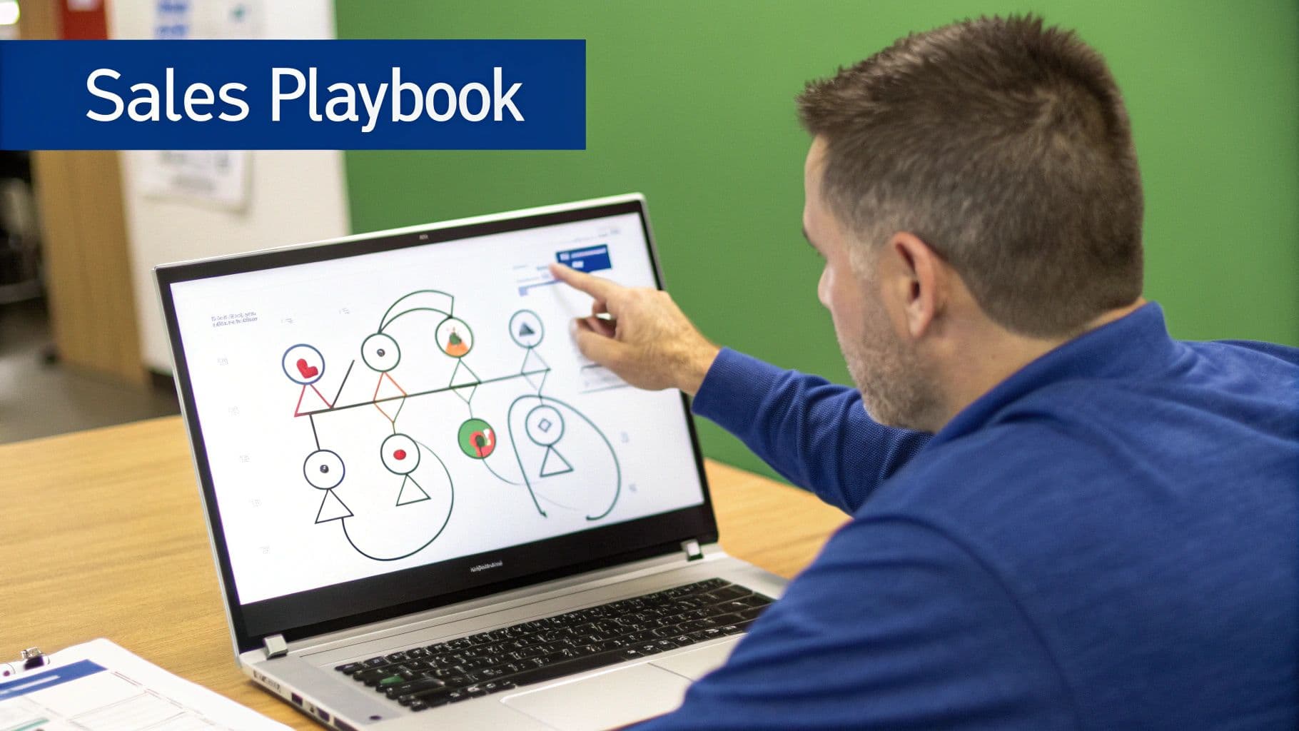 A man in a blue shirt points at a laptop screen displaying a complex sales diagram.