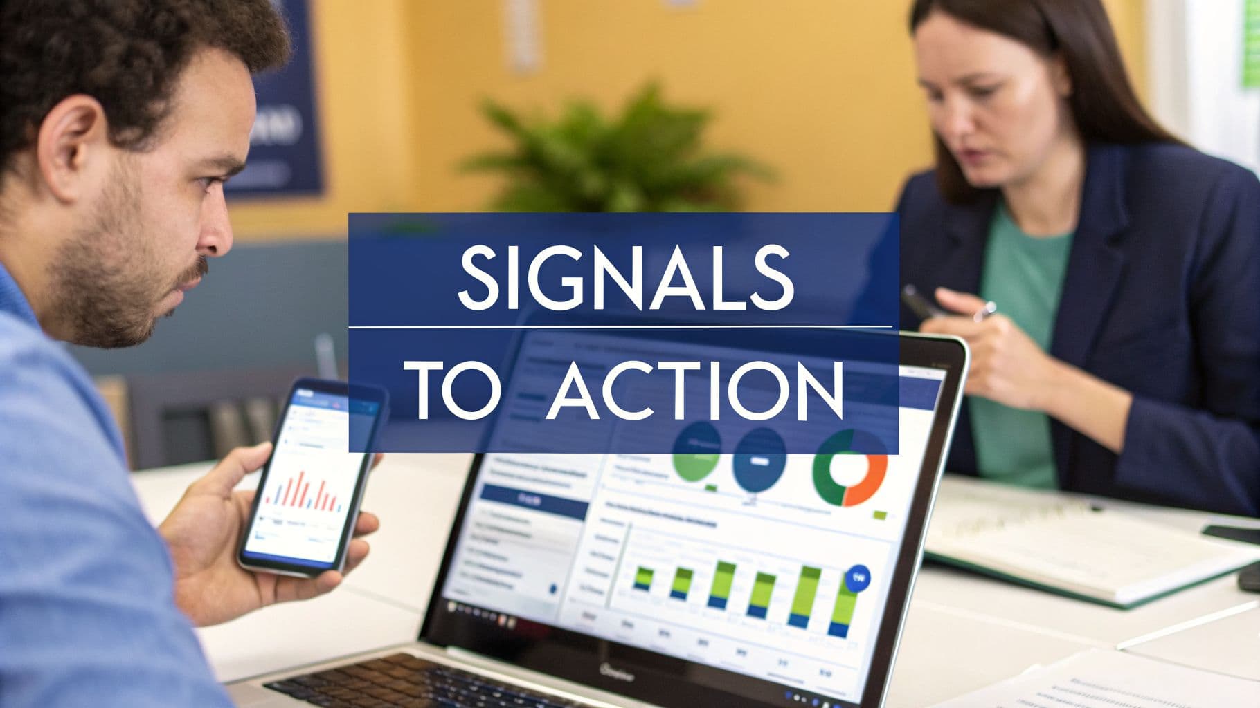 Two colleagues analyze data on a phone and laptop, with 'SIGNALS TO ACTION' overlay.
