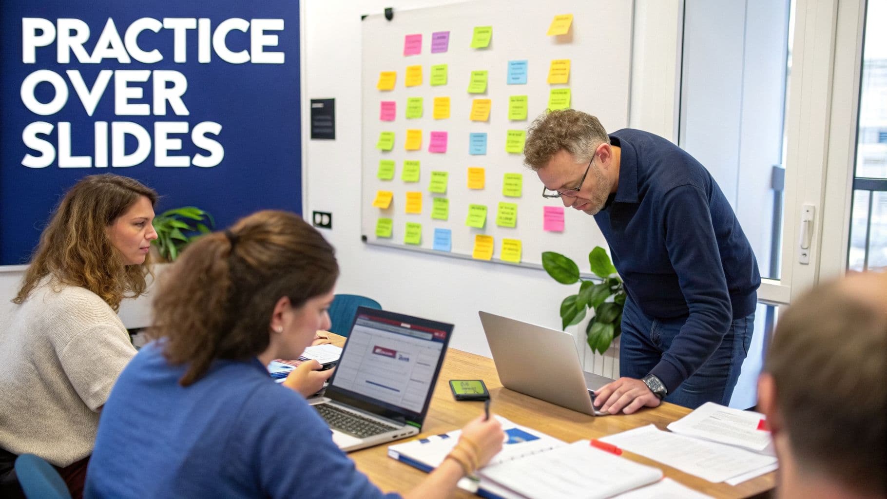 People collaborating in an office, working on laptops with sticky notes on a whiteboard.