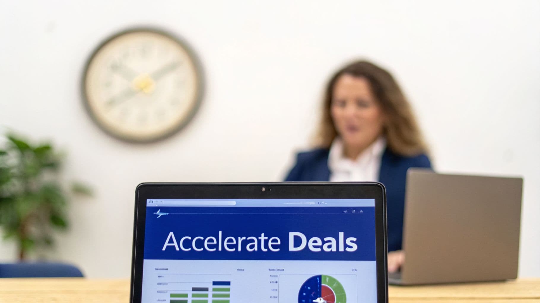Laptop screen displaying 'Accelerate Deals' and sales performance data in a modern office environment.