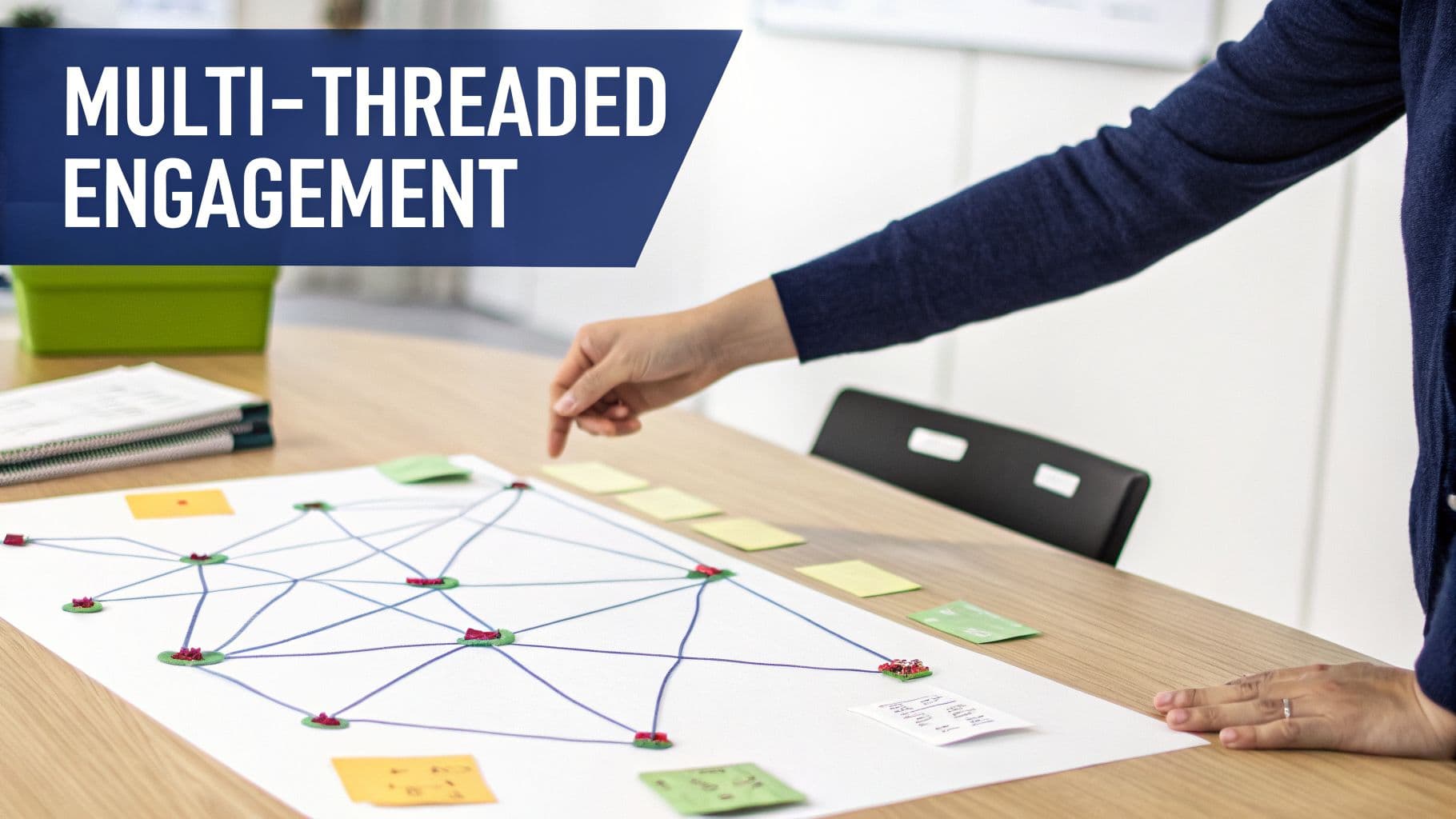 A person points at a multi-threaded engagement network diagram on a table with sticky notes.