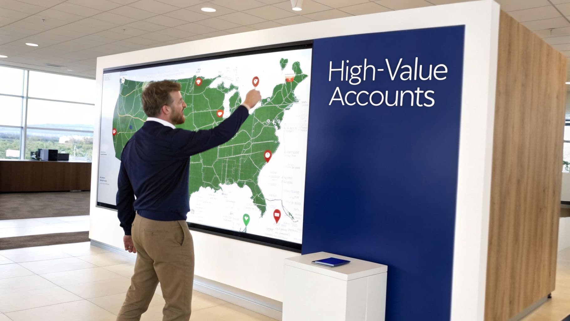 A man points at a large digital map of the USA, showcasing high-value accounts in an office.