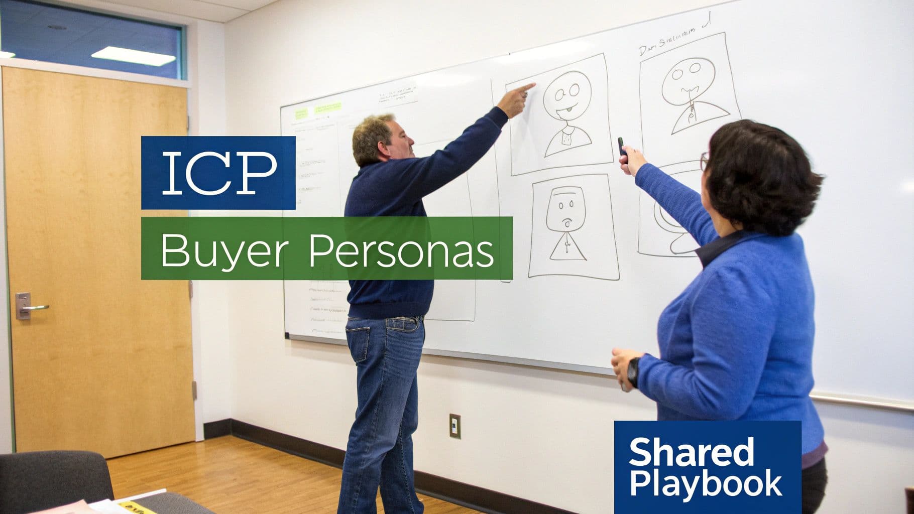 Team creating buyer personas on a whiteboard, discussing customer profiles and shared strategy.